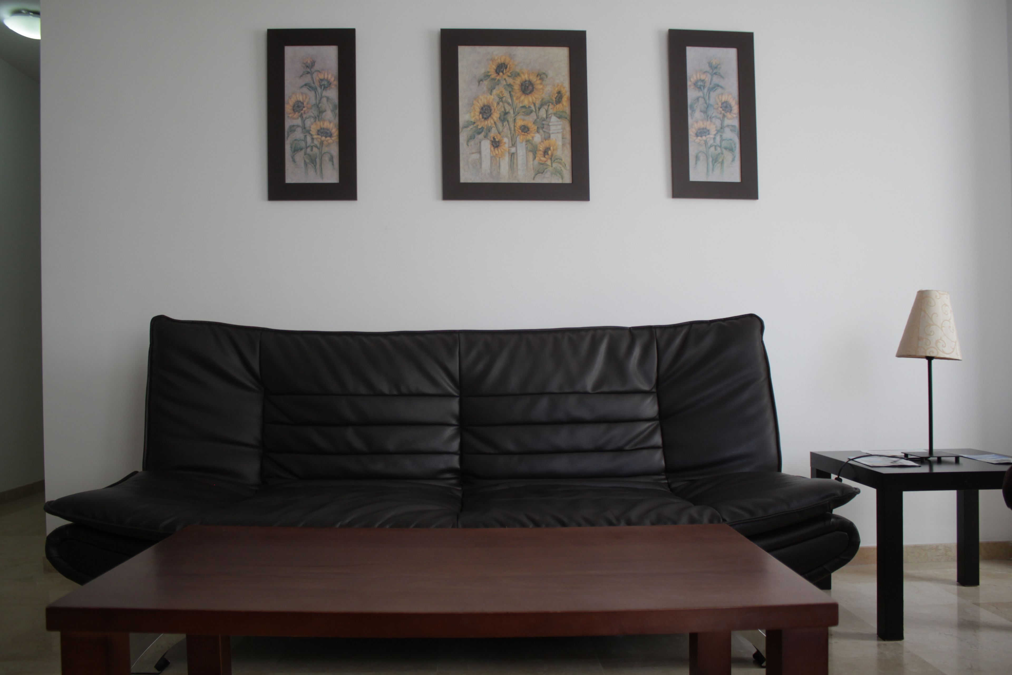 Una sala de estar moderna con un sofá de cuero negro, una mesa de centro de madera y tres obras de arte enmarcadas en la pared.