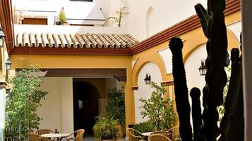 Un patio al aire libre con mesas redondas y sillas de mimbre, rodeado de cactus y plantas en macetas.
