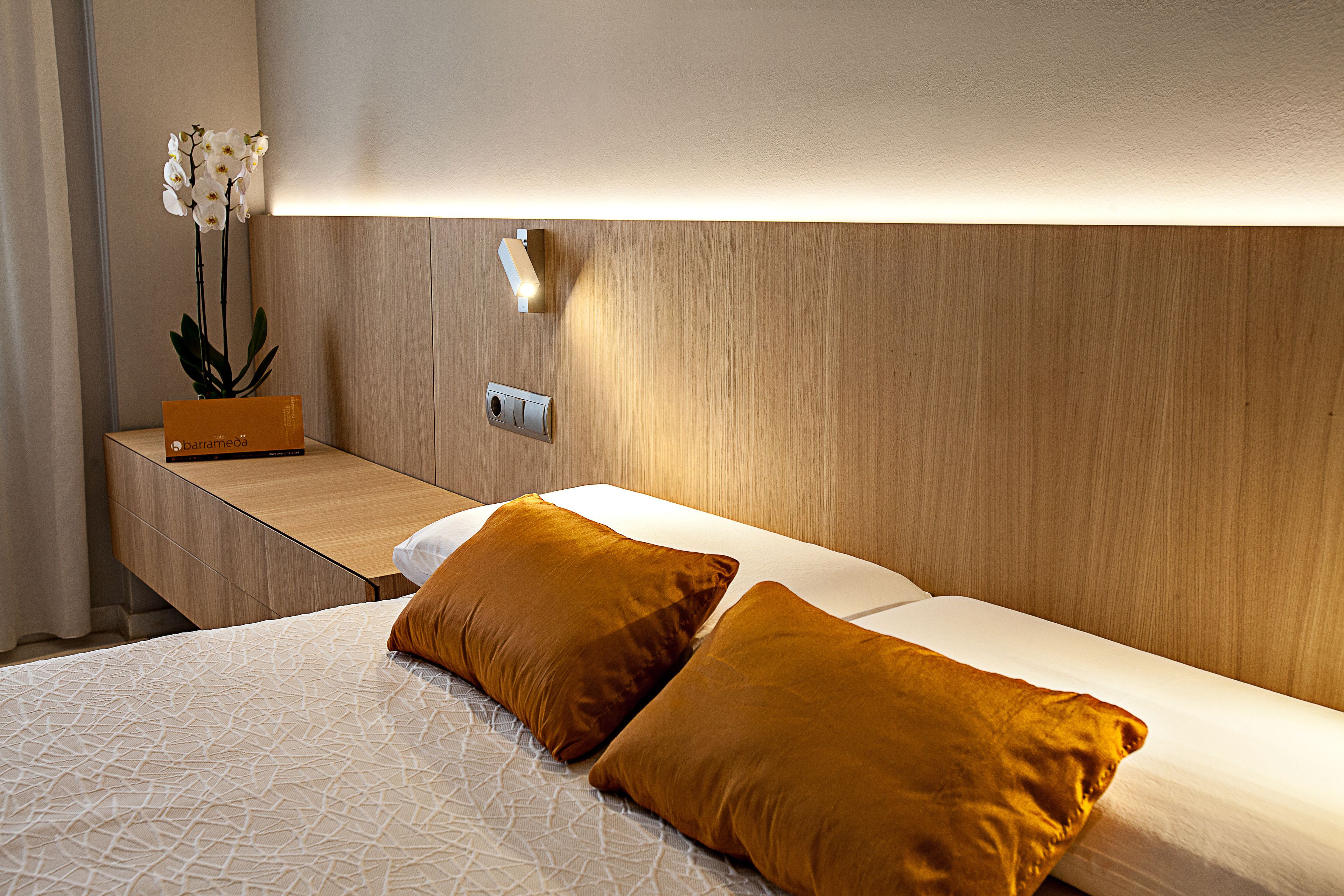 Un lit bien fait avec deux oreillers, une table de chevet ornée d’une plante et un luminaire fixé au mur.