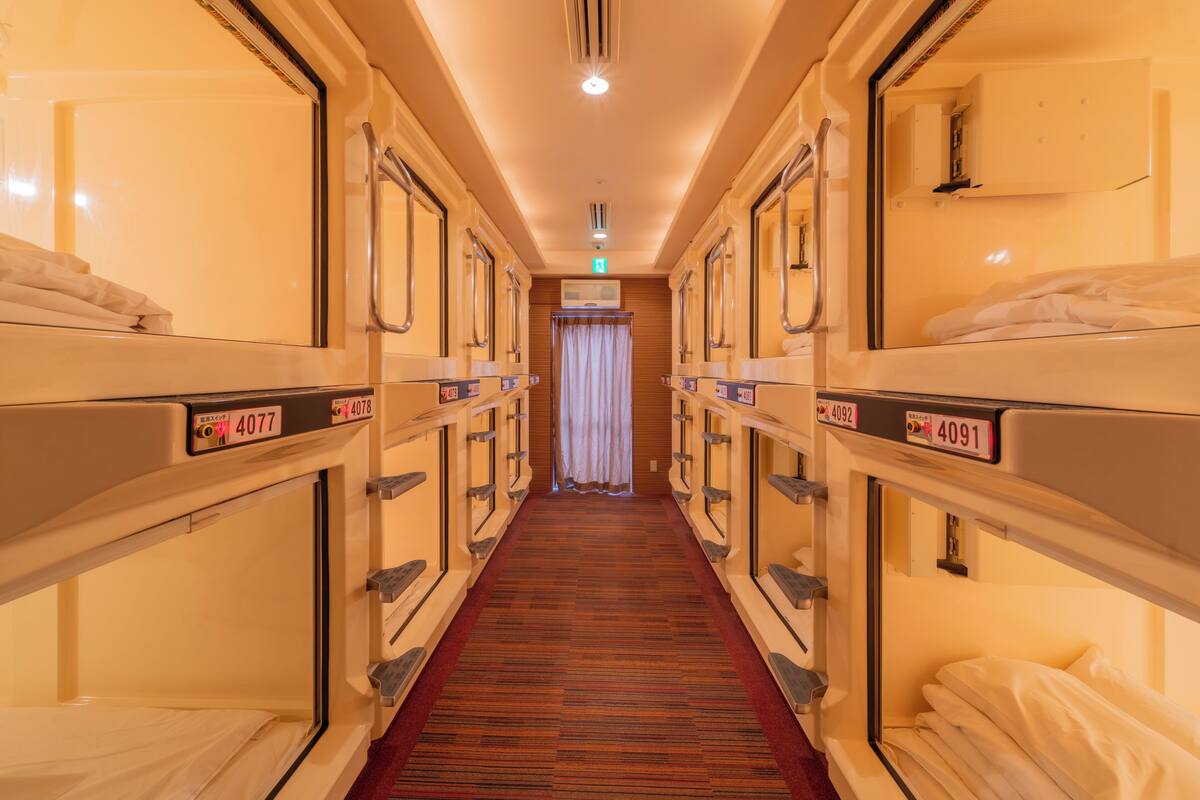 A hotel corridor with bunk beds, numbered room signs, a carpeted floor, and a curtain at the end.