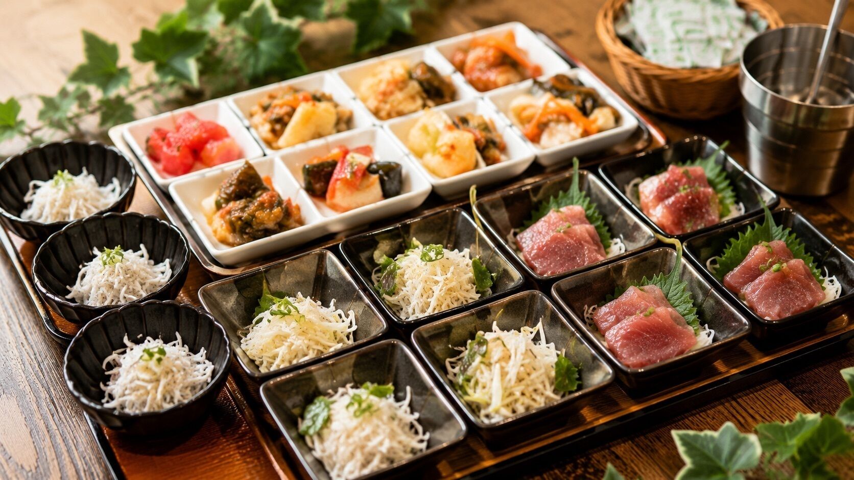 A variety of dishes arranged on a wooden table, including sashimi and other Japanese cuisine.