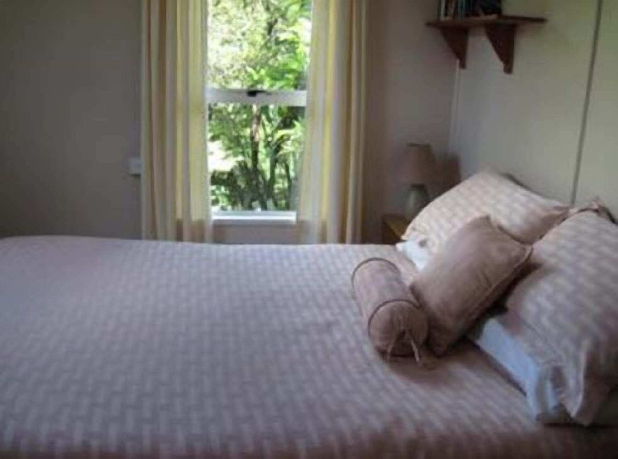 A bedroom with a bed, pillows, a nightstand, a lamp, and a window with curtains.