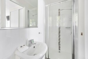 Chalet rustique Standard (Sleeps 2) | Salle de bain | Douche, douche cascade, séchoir à cheveux, serviettes fournies