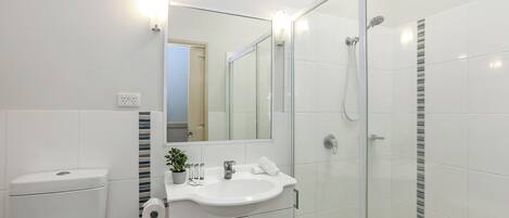 A modern bathroom with a glass shower enclosure, a white sink, and a mirror above it.