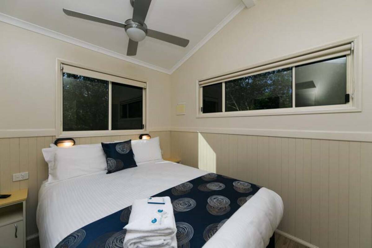 A hotel room with a bed, two windows, a ceiling fan, and a bedside table with a lamp.