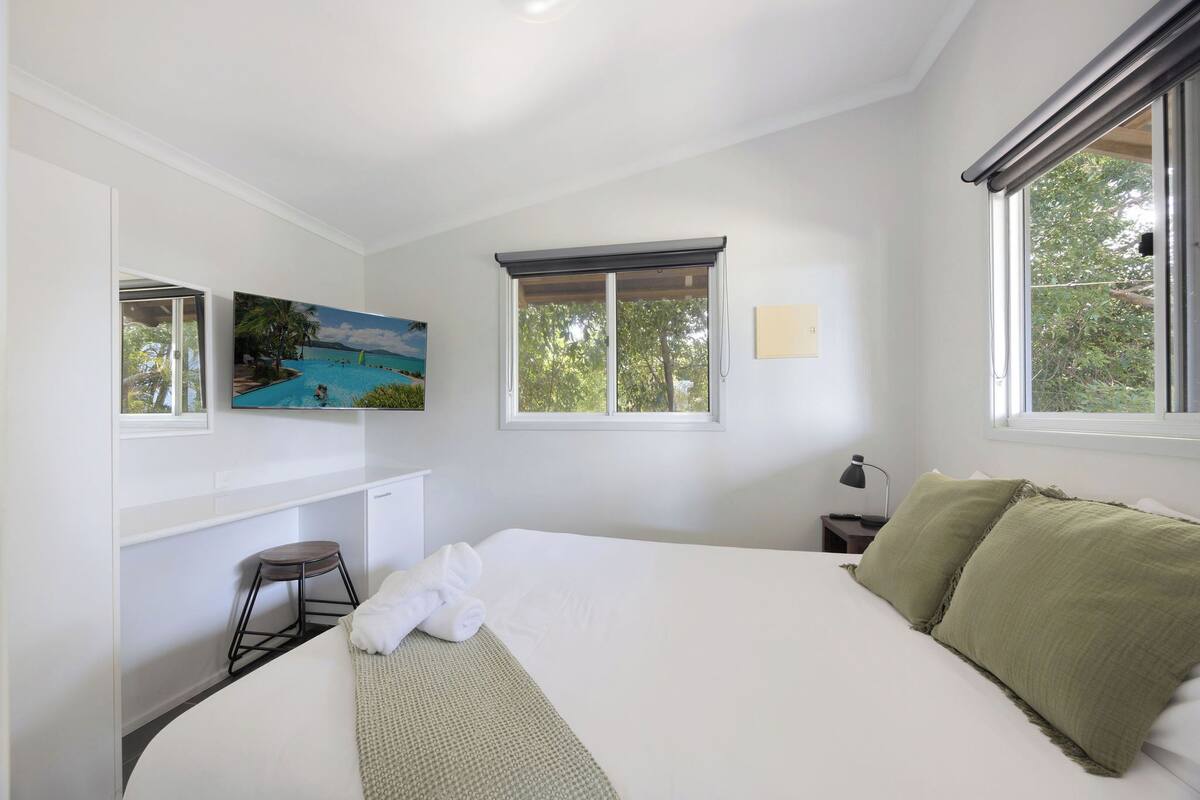 1 bedroom, blackout curtains, iron/ironing board, bed sheets