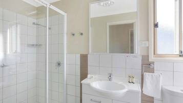 A modern bathroom with a glass shower enclosure, a white sink, and a mirror above it.