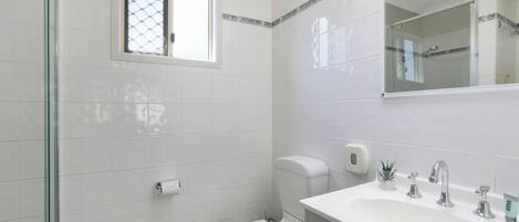 A bathroom with a toilet, sink, and glass shower enclosure.