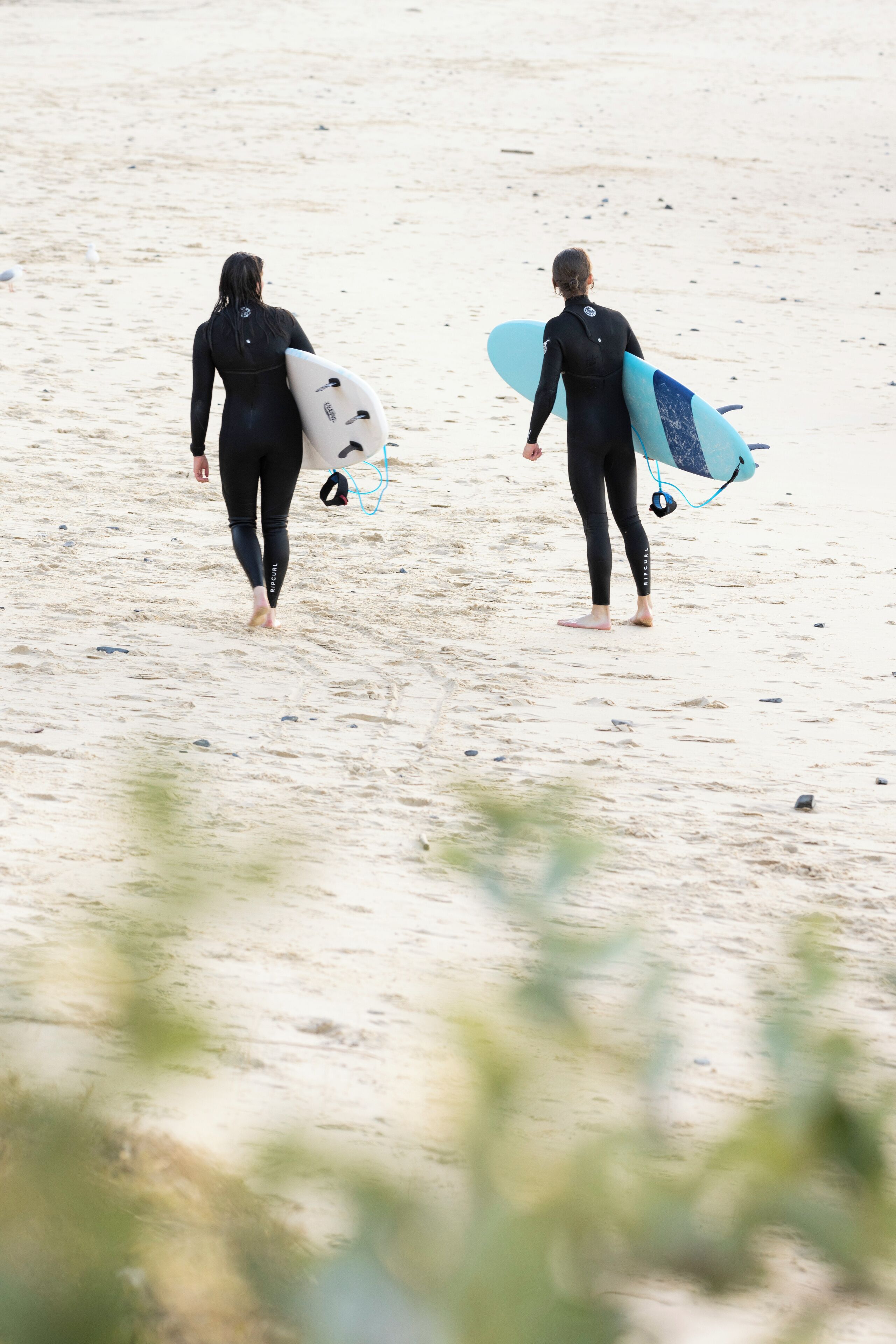 Two individuals in wetsuits walking on a sandy beach, each carrying a surfboard.