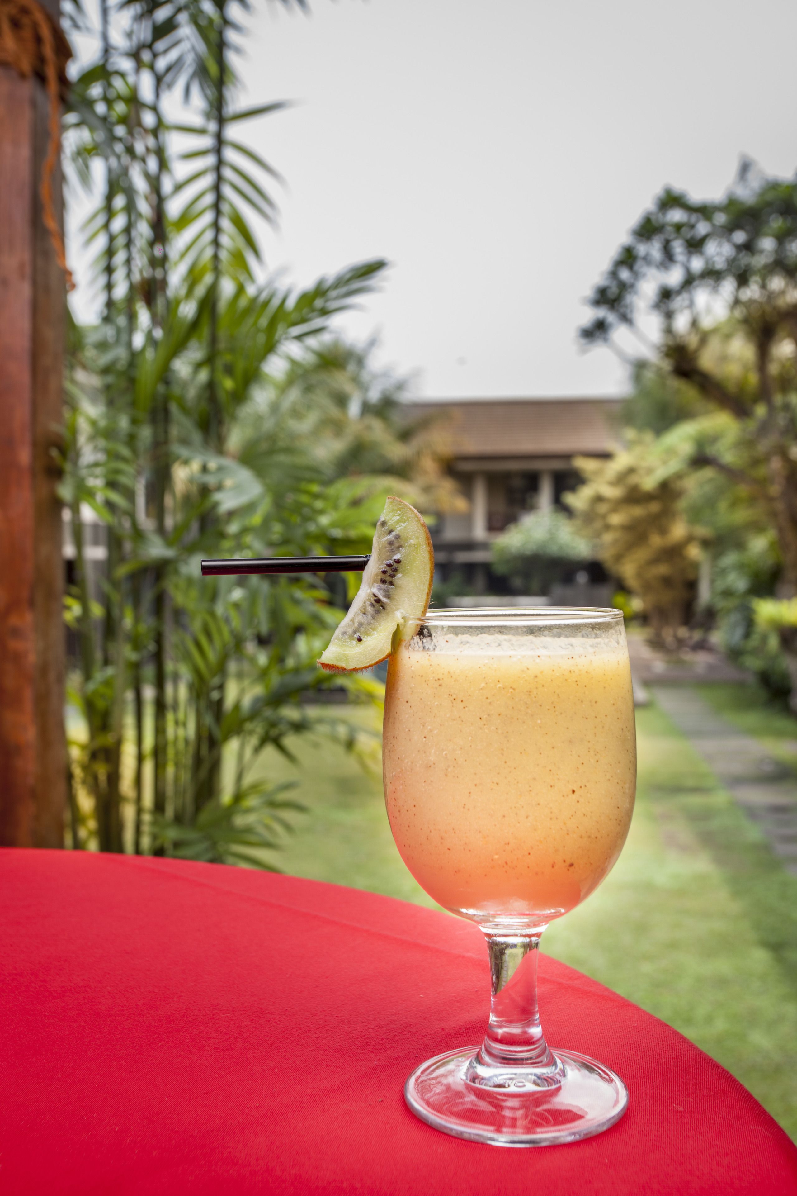 A glass of smoothie with a kiwi slice on a red table, set against a lush garden backdrop.