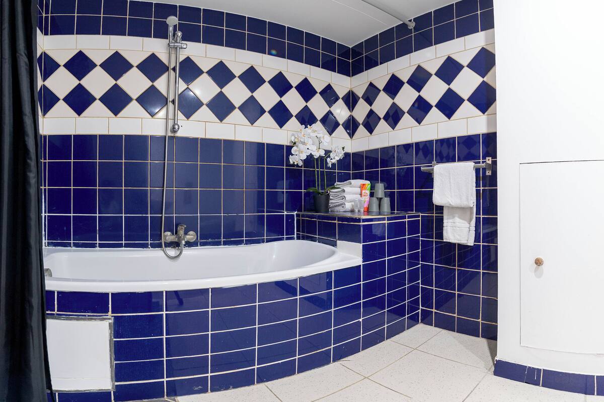 A bathroom with a large bathtub, blue and white tiles, a shower, and a toilet.