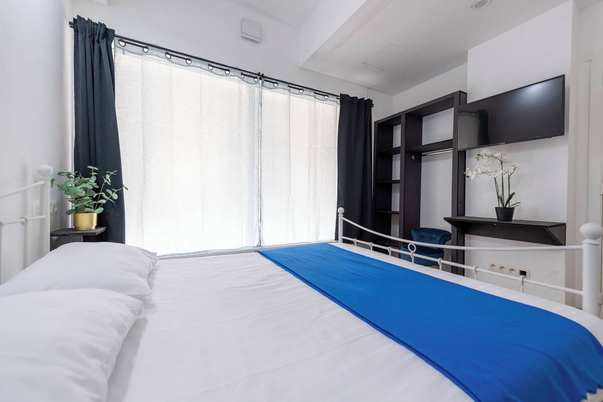A hotel room with a bed, a window with curtains, a TV mounted on the wall, and a small plant on a nightstand.