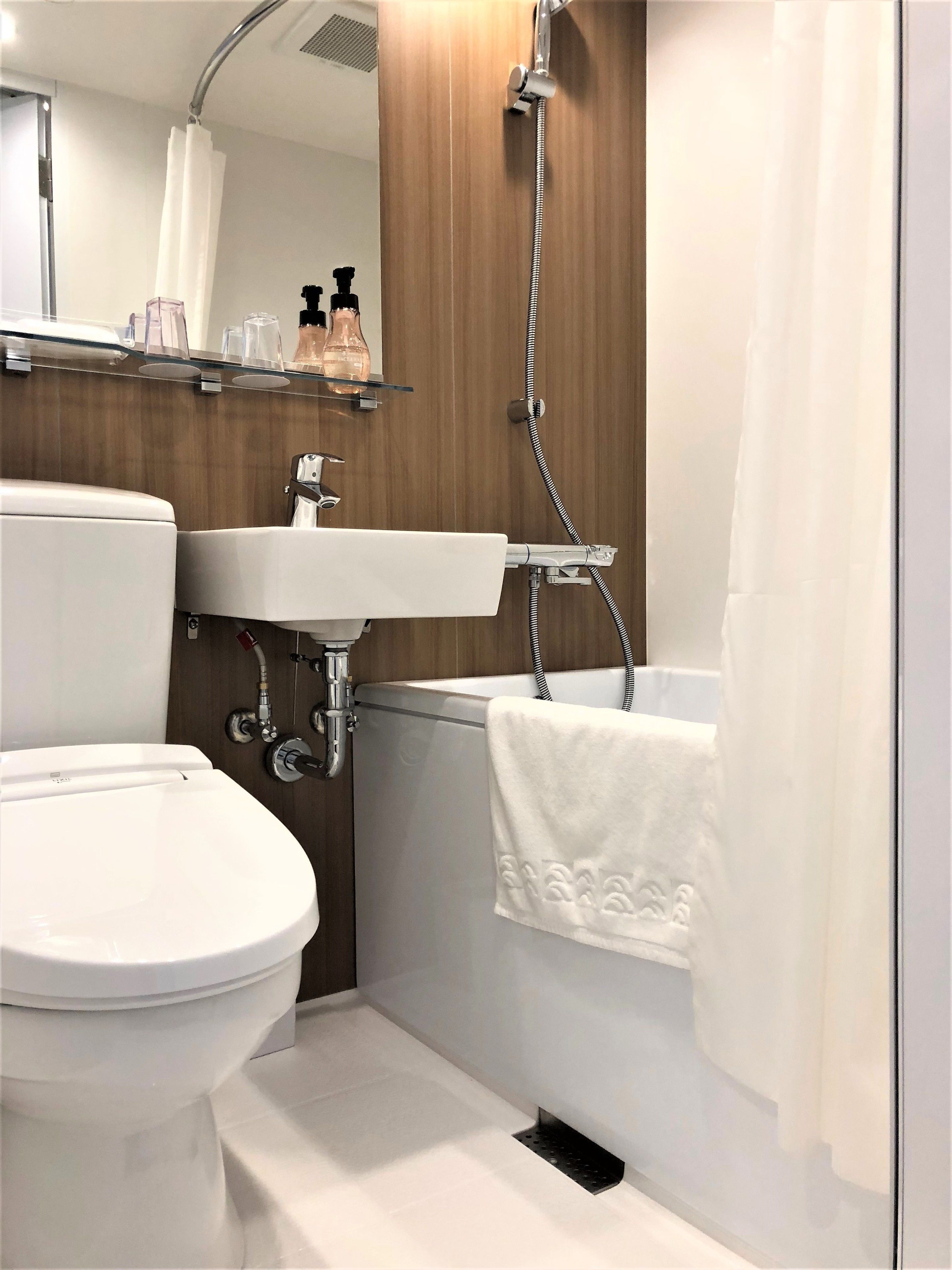 combined shower/bathtub, free toiletries, hair dryer, slippers