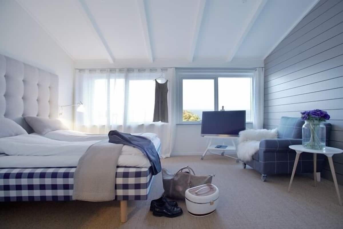 A hotel room with a large bed, a small sofa, a TV on a stand, and a window with curtains.