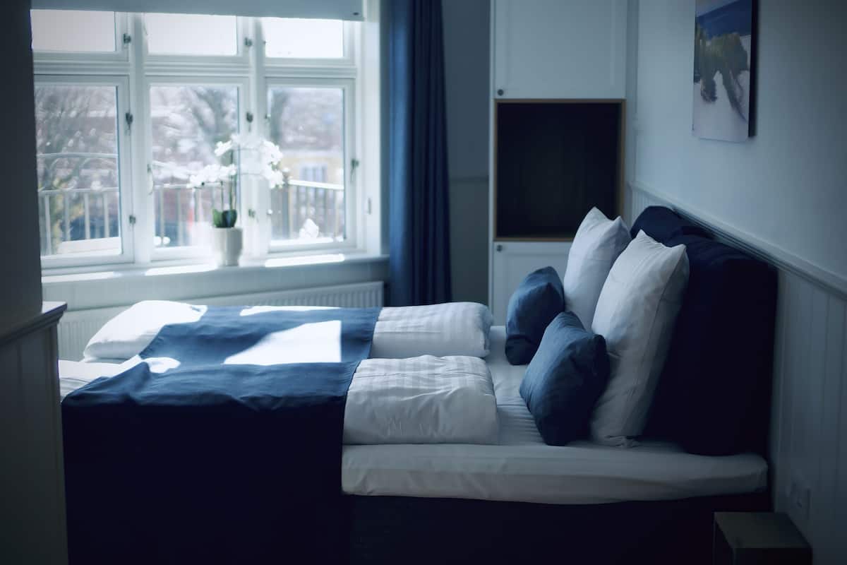 A bedroom with a bed, a window with a view, a potted plant, and a picture on the wall.