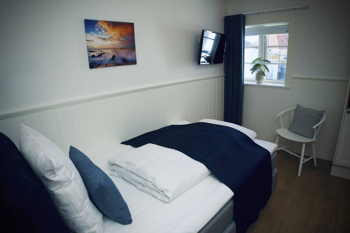 A neatly made bed with pillows, a flat-screen TV mounted on the wall, a window with curtains, and a small potted plant.