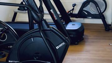 A home gym with stationary bikes, a treadmill, and a rowing machine.