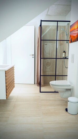 A modern bathroom with a shower enclosure, toilet, and sink.
