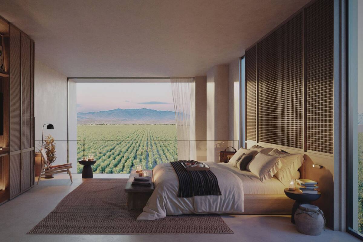 A bedroom with a large window, a bed, a bedside table, and a view of a vineyard.