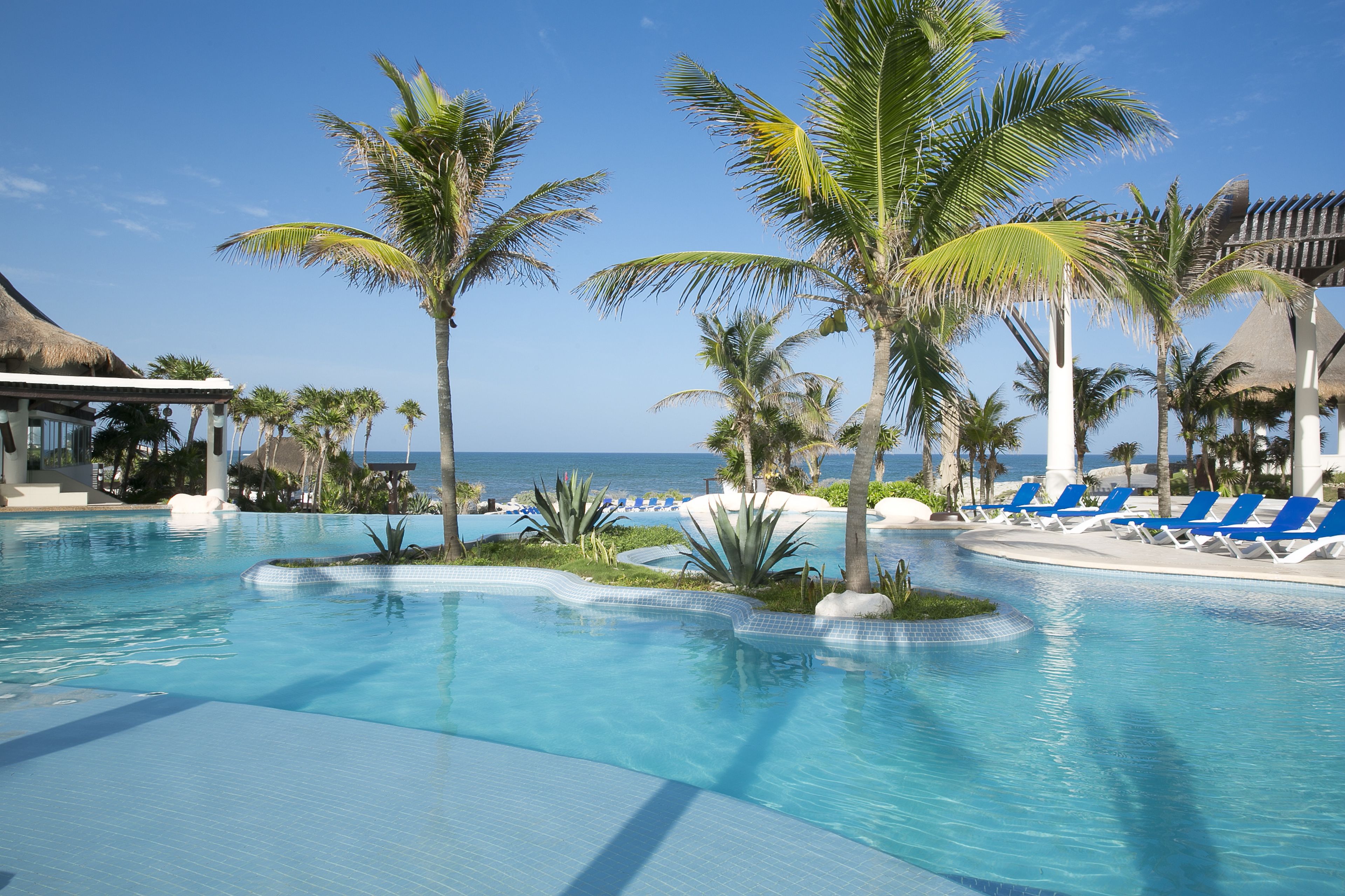 A resort pool with palm trees, lounge chairs, and a view of the ocean.