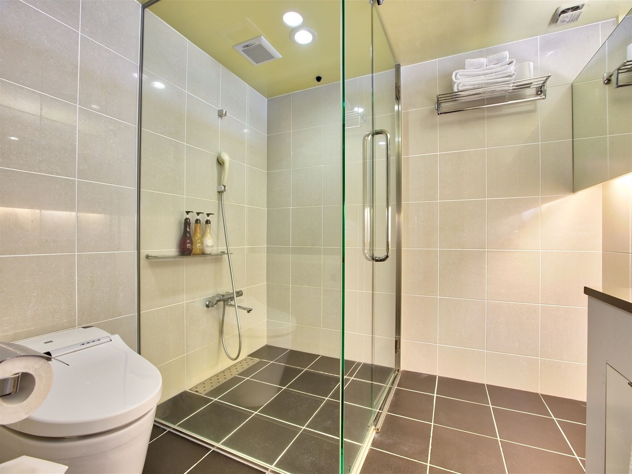 Un baño moderno con cabina de ducha de vidrio, un inodoro y un estante con artículos de aseo.
