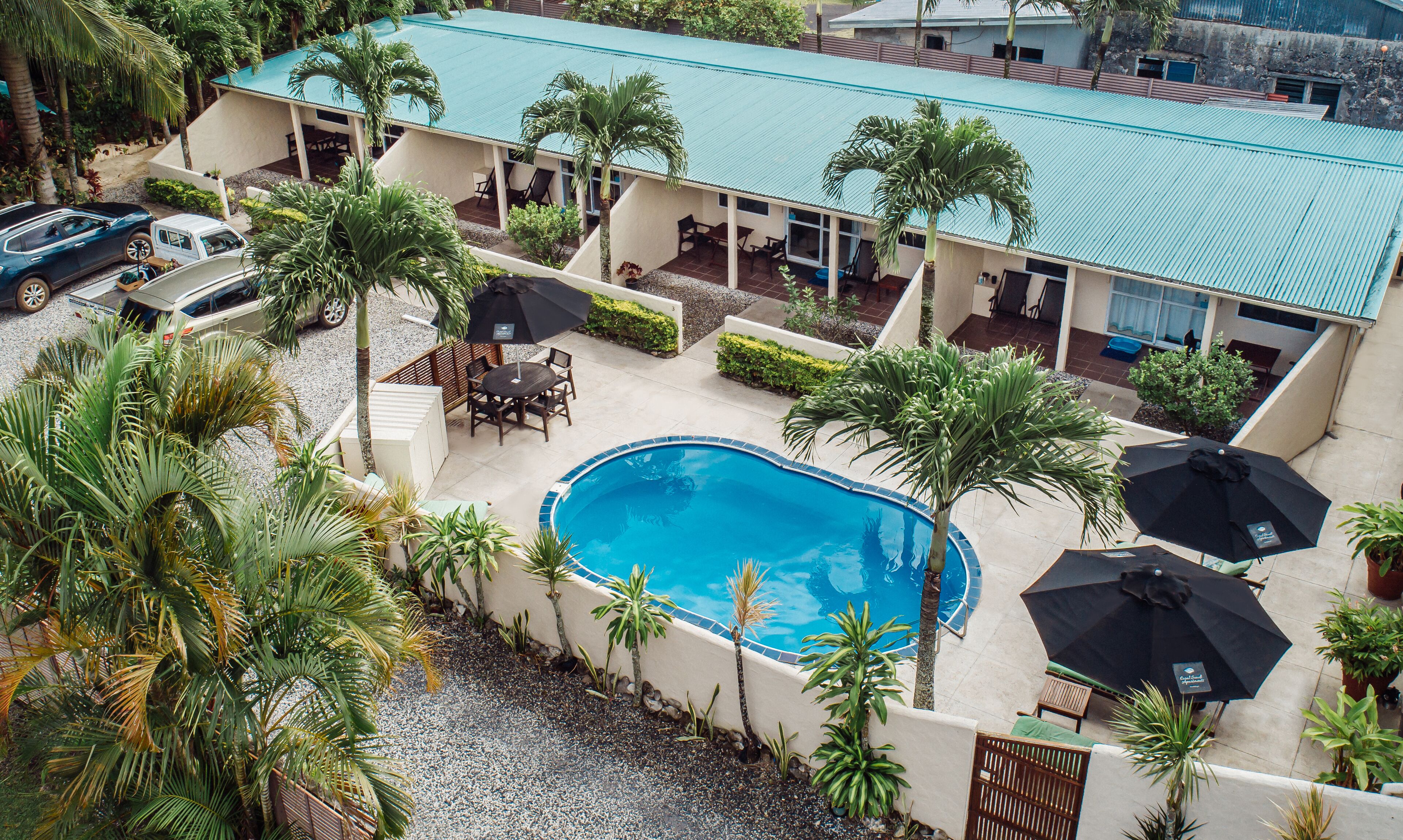 Un área de piscina en la azotea con una piscina azul, rodeada de palmeras y mobiliario exterior.