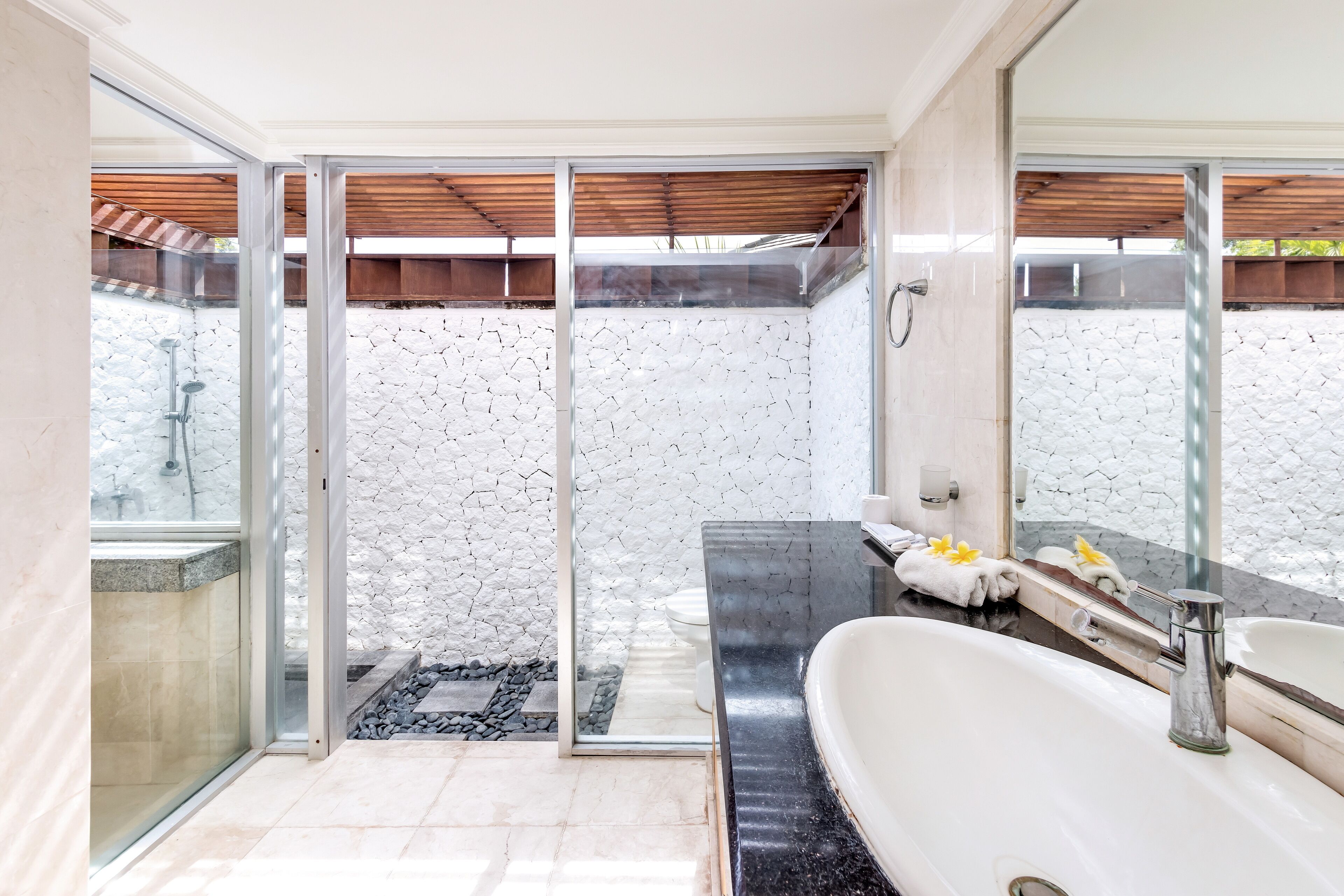 villa, 1 bedroom, garden view | bathroom | free toiletries, hair dryer, slippers, towels