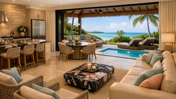 A modern kitchen with a stone wall, a dining area with a round table and chairs, a poolside seating area with a sofa and lounge chairs, and a view of the ocean. - Aitutaki Escape (Aitutaki)