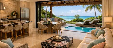 Deluxe Villa, 2 Bedrooms, Private Pool, Beachfront | Living area | 65-inch Smart TV with satellite channels, Netflix, Hulu