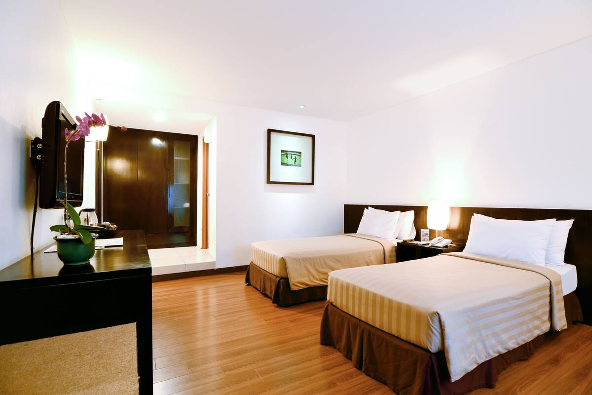 Habitación de hotel con dos camas, un escritorio, un espejo, un cuadro en la pared y una planta en maceta.