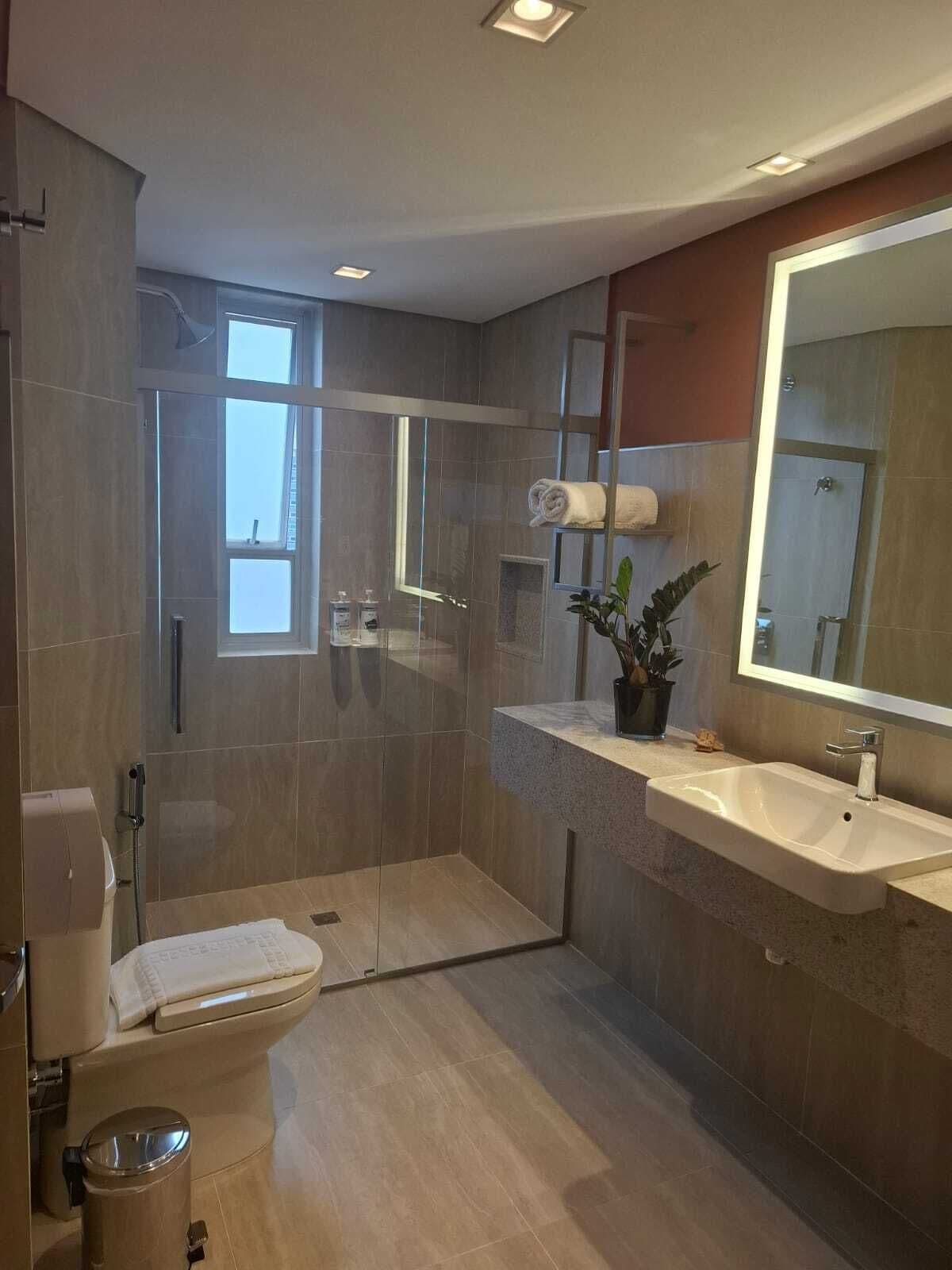 A modern bathroom with a glass shower enclosure, a toilet, a sink with a large mirror, and a potted plant.