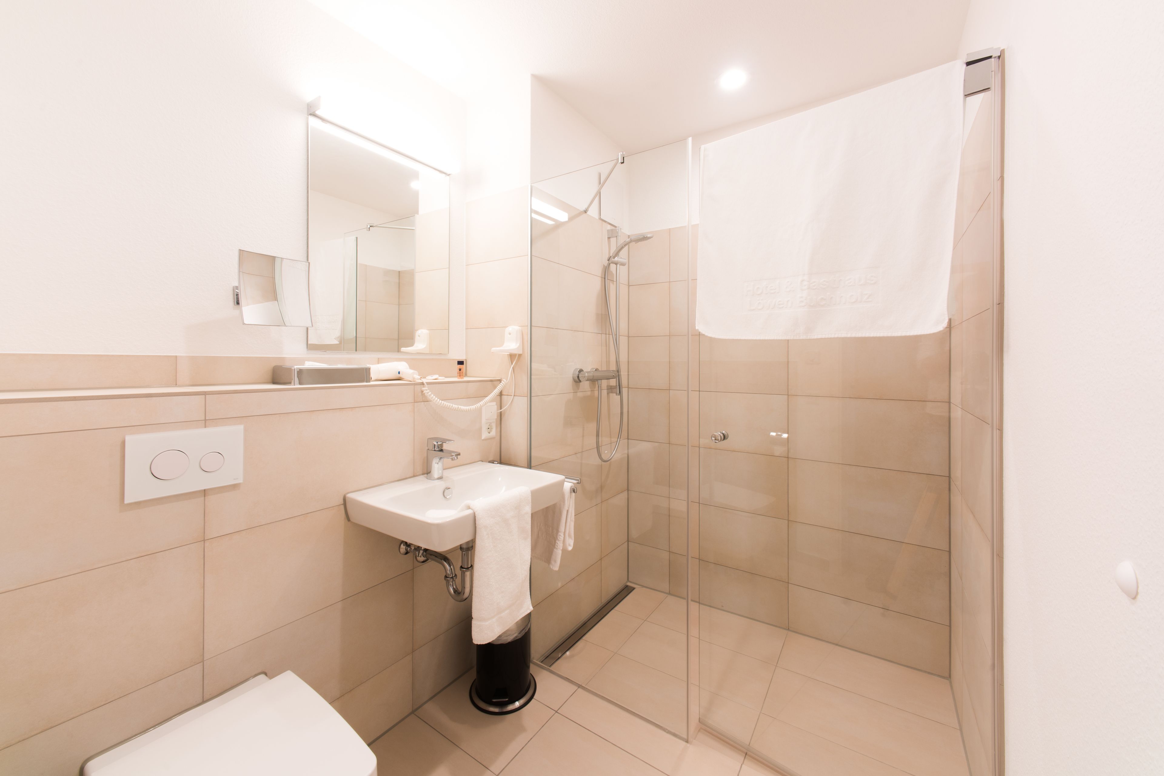 comfort double room | bathroom | shower, hair dryer, towels