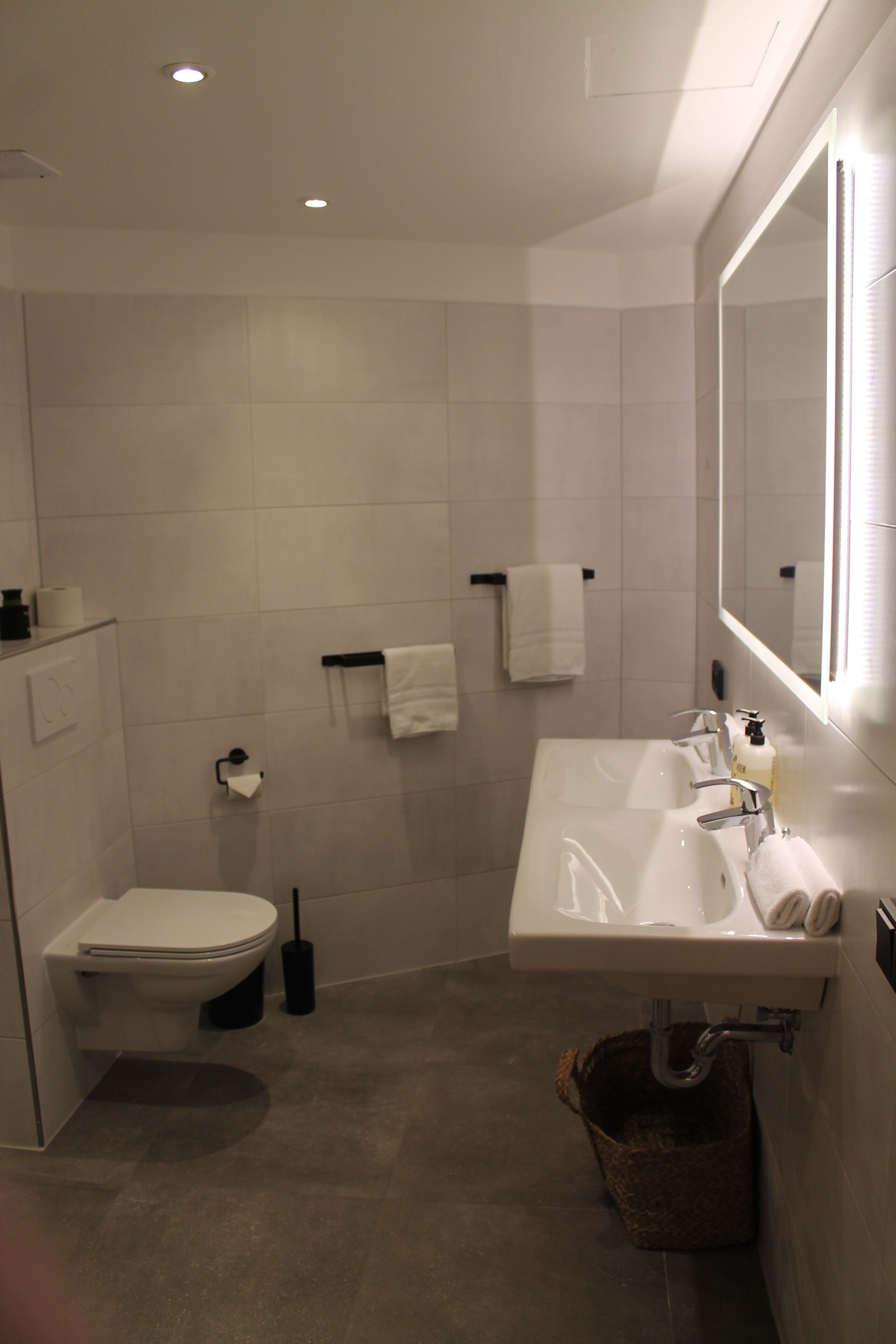 A modern bathroom with a toilet, sink, and mirror.