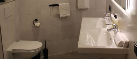 A modern bathroom with a toilet, sink, and mirror.