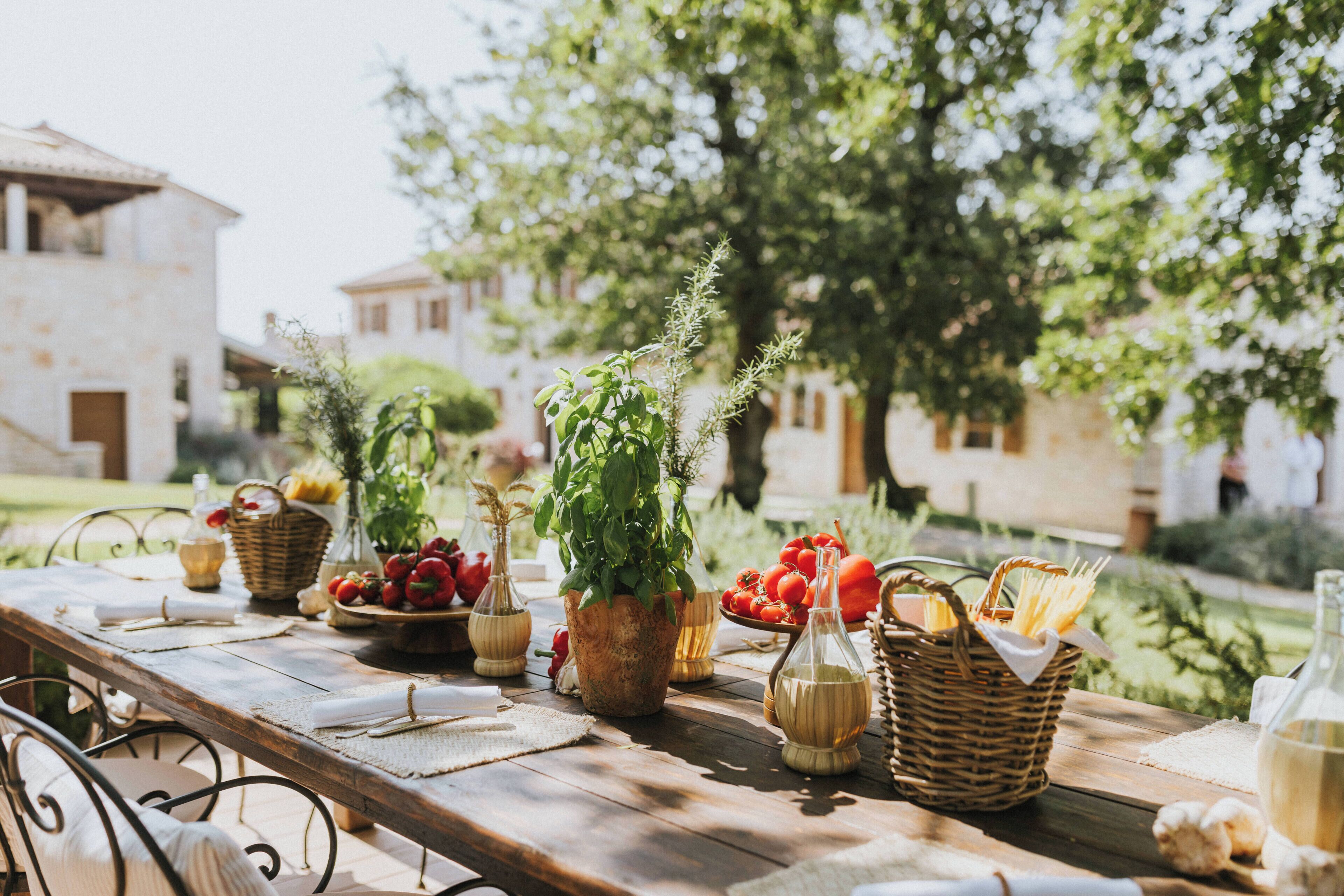 A wooden table set with various food items and plants, suggesting a dining or picnic setup in an outdoor setting.