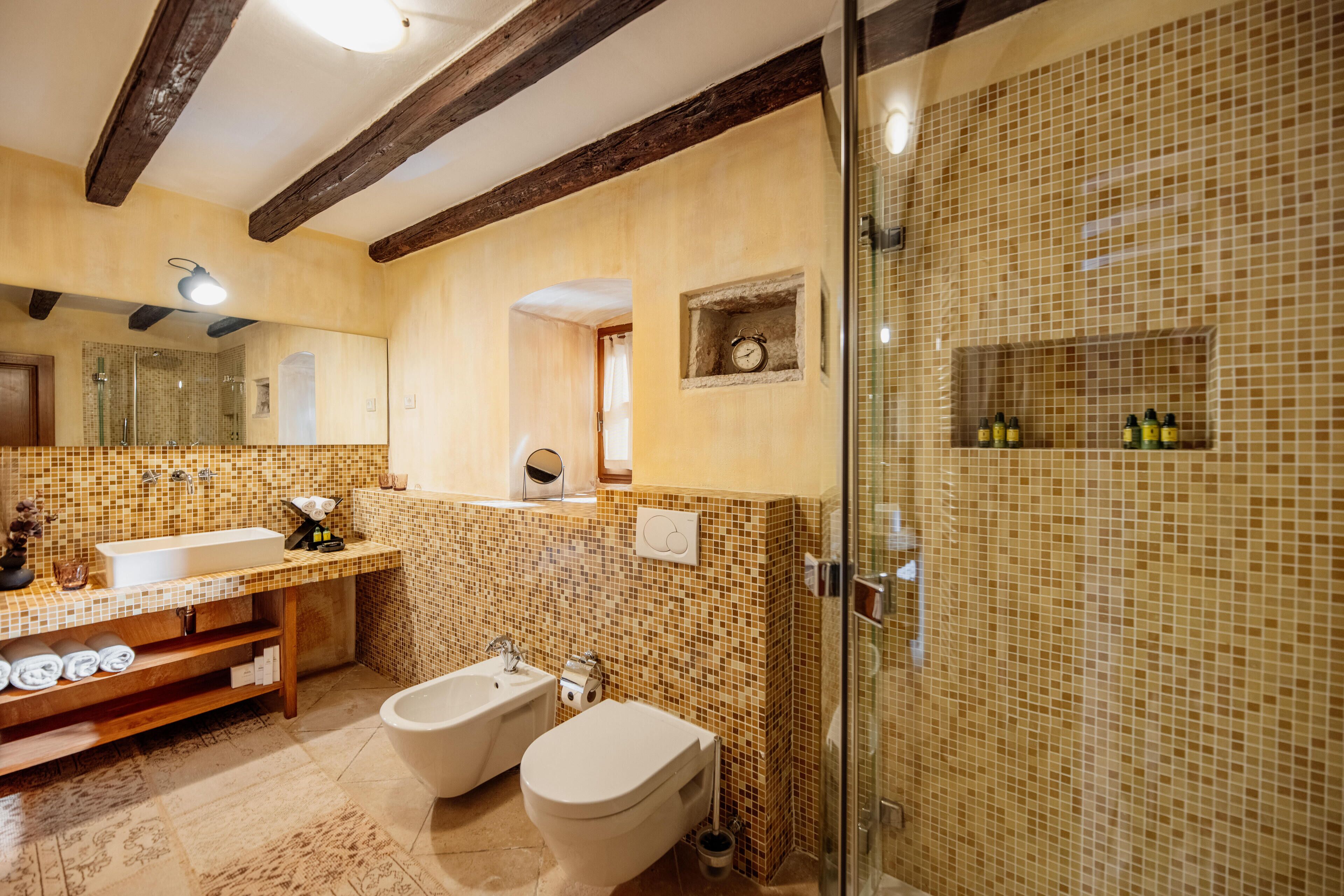 A bathroom with a large mirror, two sinks, a bidet, and a shower area.