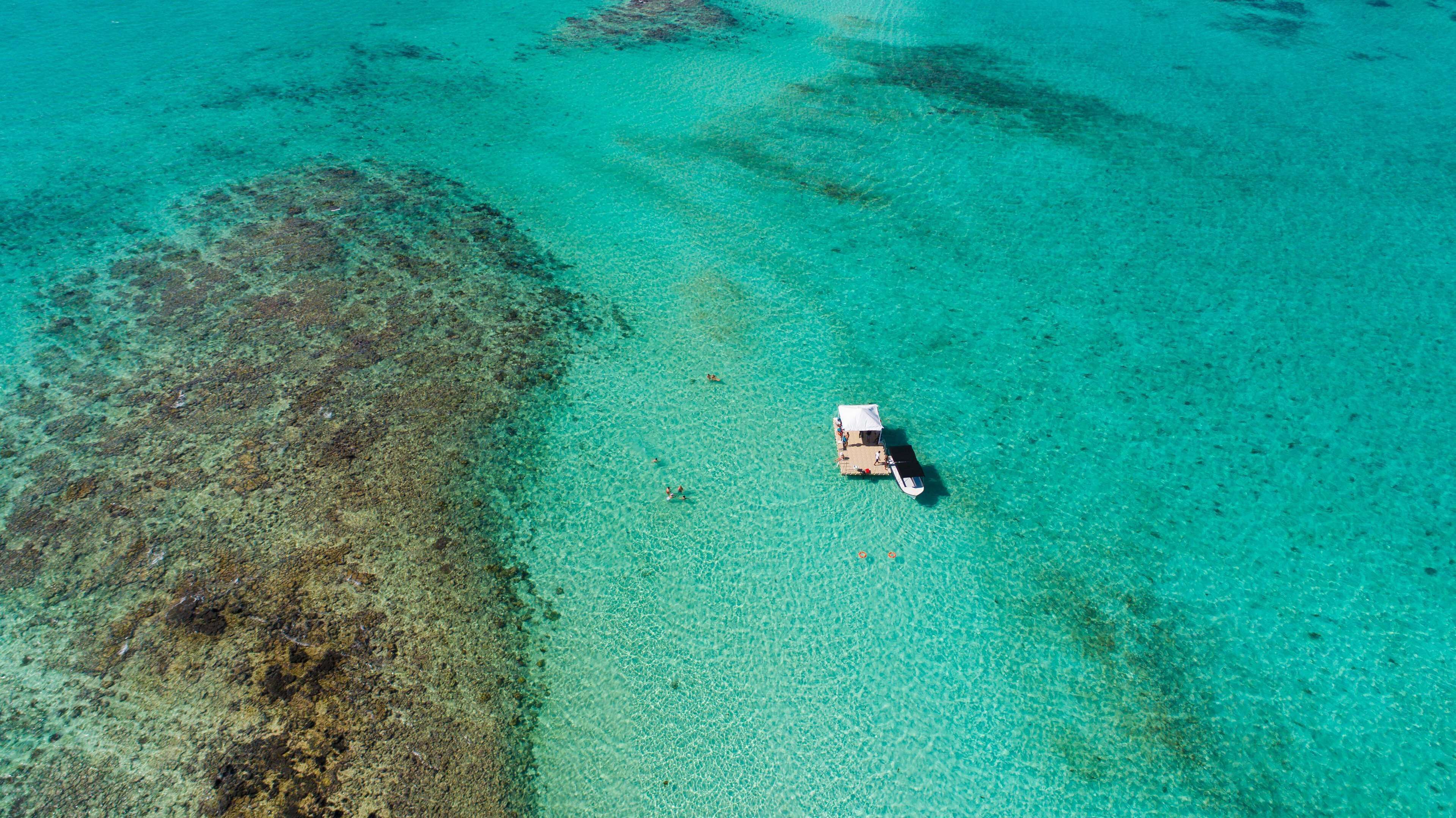 An aerial view of a boat on clear turquoise water with a rocky shoreline.