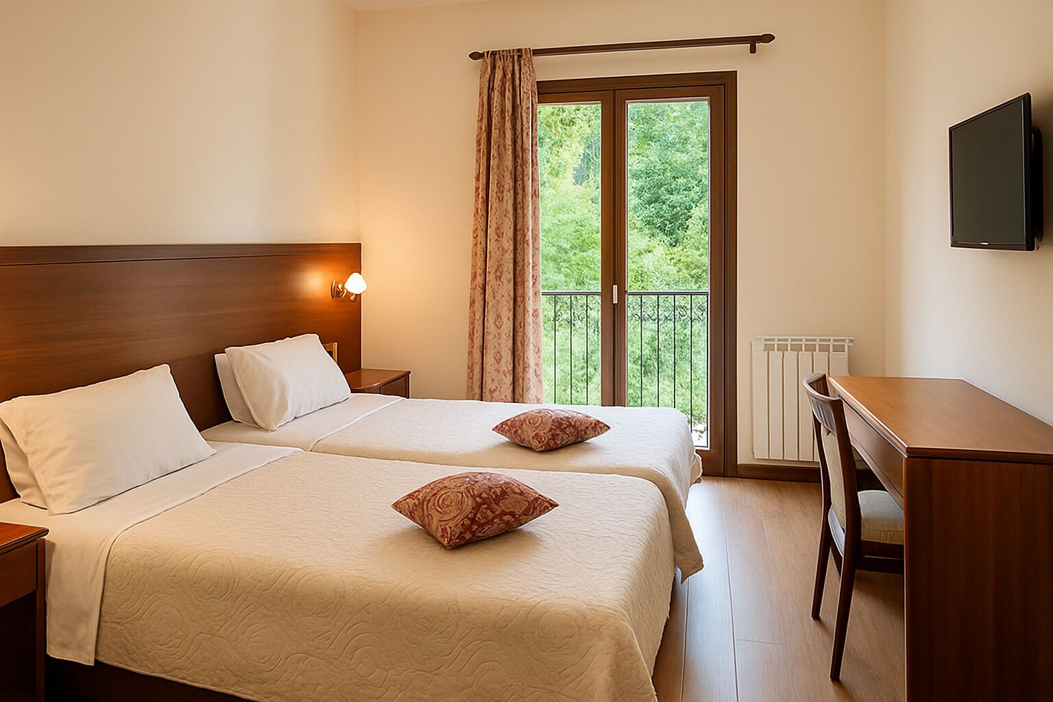 A hotel room with two beds, a desk, and a view of greenery through the window.