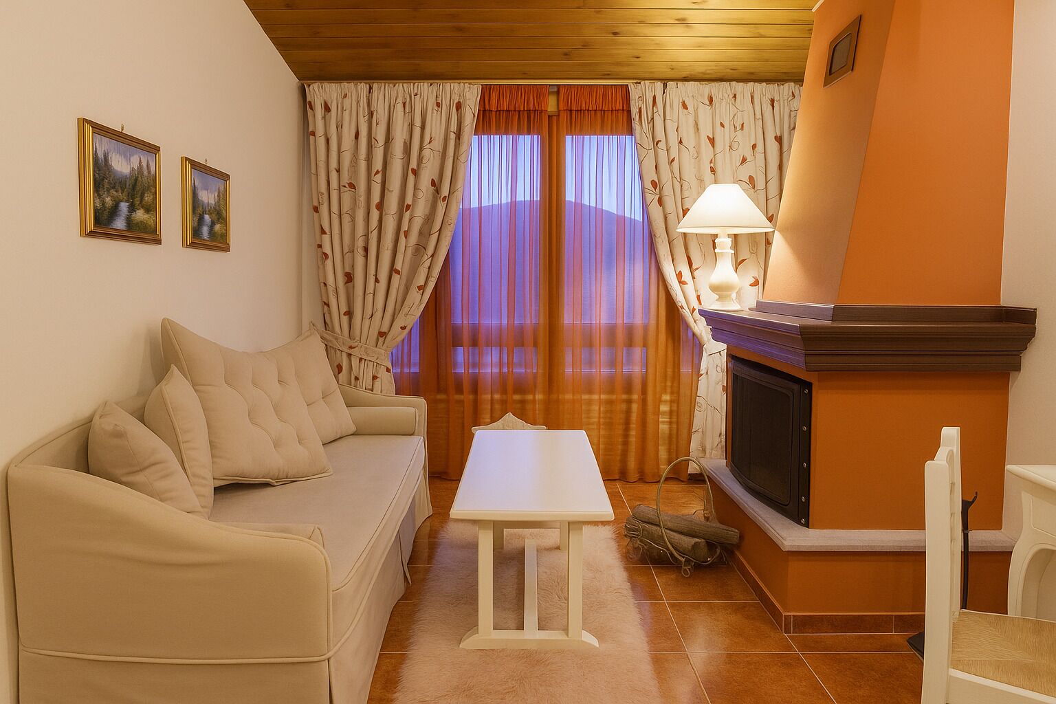 A living room with a sofa, a small table, a fireplace, and curtains.