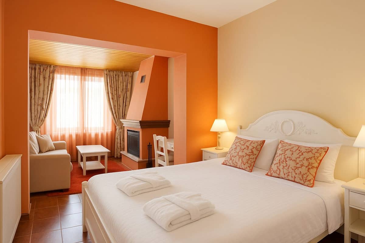 A hotel room with a large bed, a sofa, a small table, a fireplace, and a nightstand with lamps.