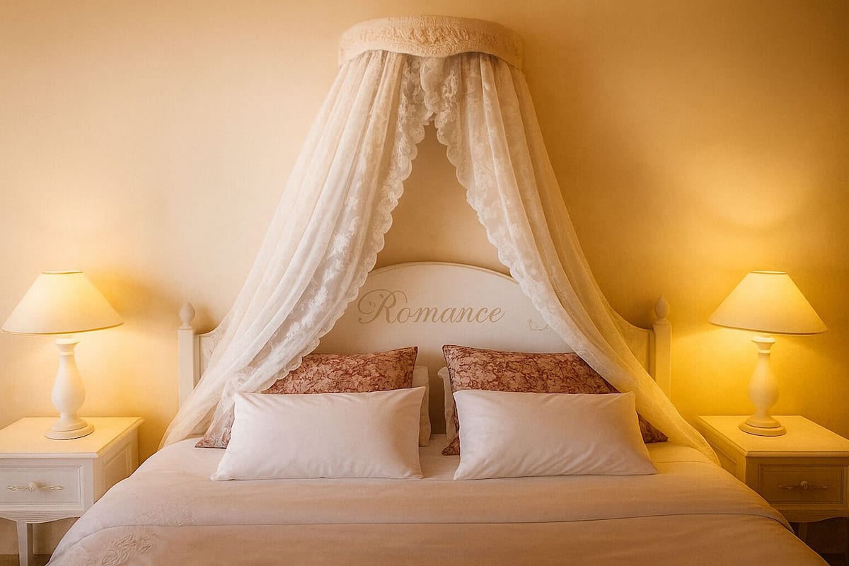 A bed with a canopy, two bedside lamps, and pillows with a floral pattern.