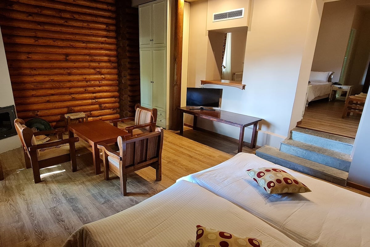 A cozy room with a wooden log wall, a bed with patterned pillows, a desk with a computer, and a television.