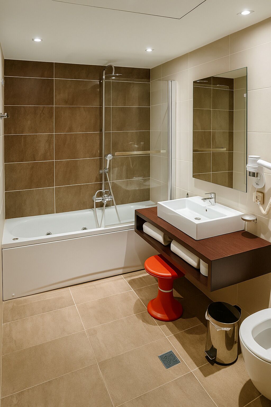 Un baño moderno con bañera, lavabo, inodoro y ducha.