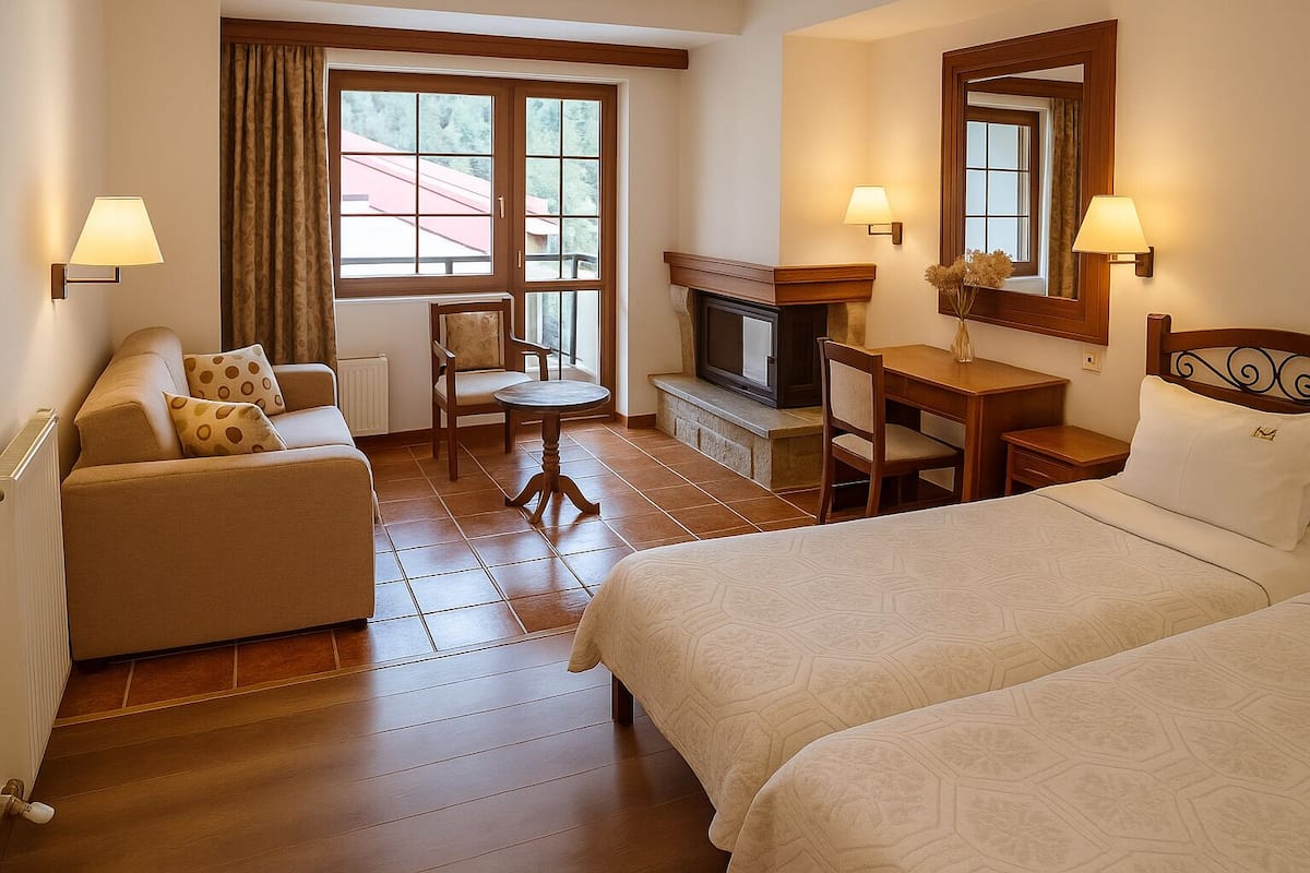 A hotel room with a sofa, a bed, a desk, a television, and a fireplace.