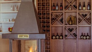 A wood-burning stove with a glass front, surrounded by wooden shelves with wine bottles.