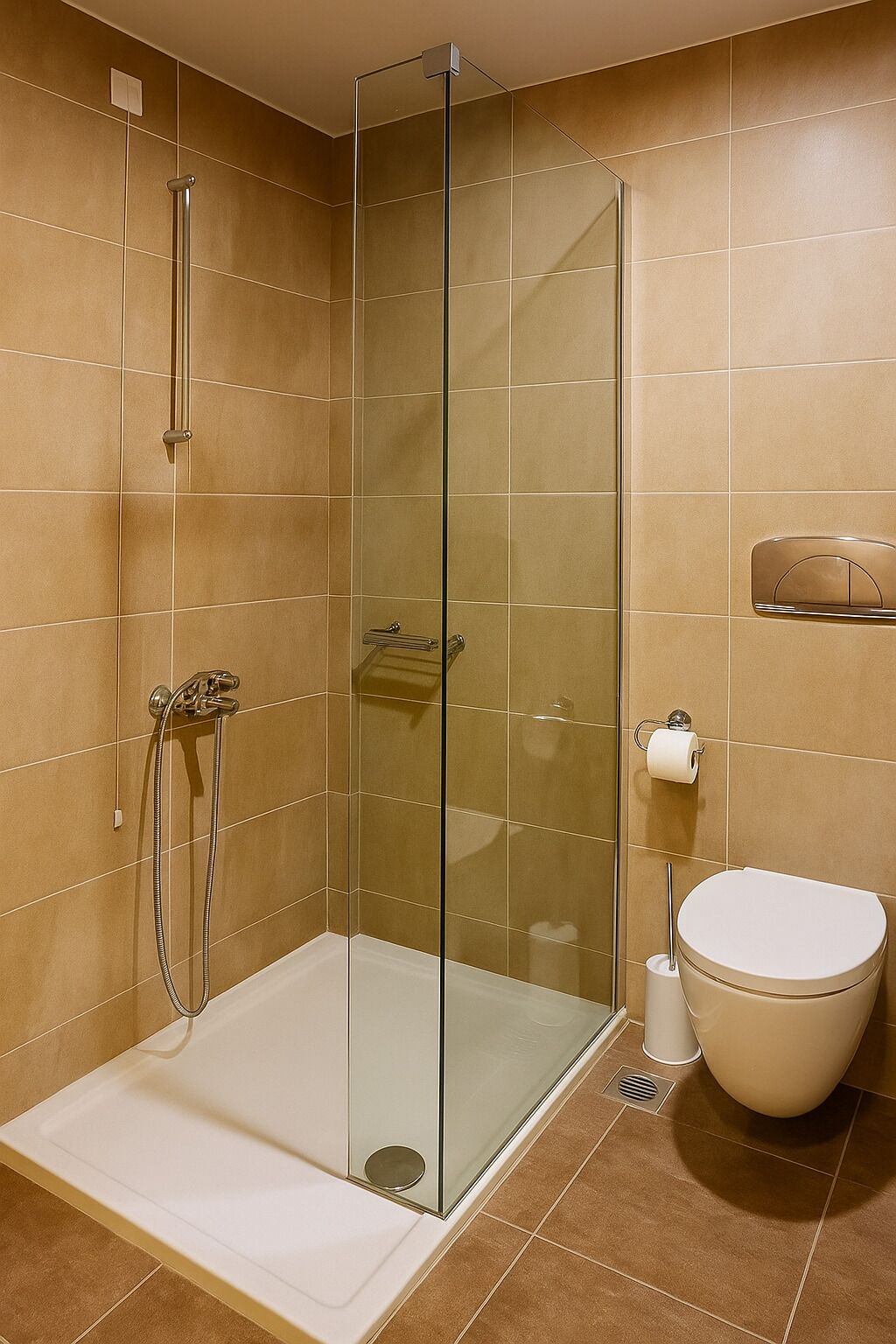 A modern bathroom with a glass-enclosed shower, a white toilet, and beige tiles.