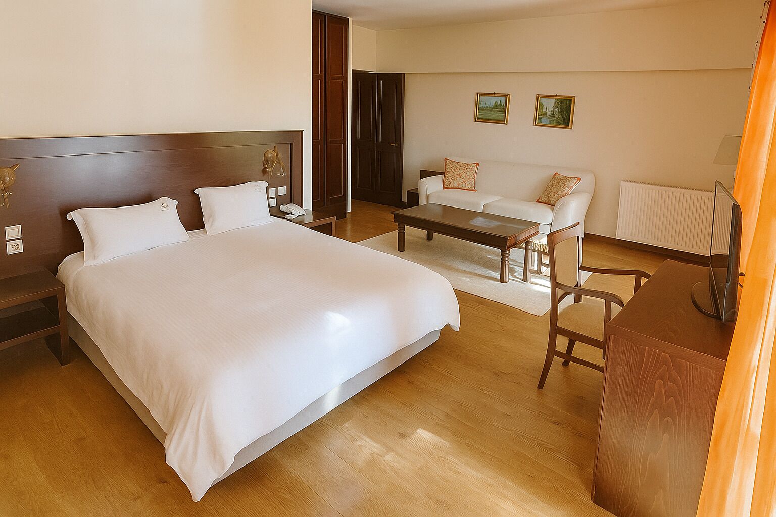 A hotel room with a large bed, a sofa, a coffee table, and a desk.