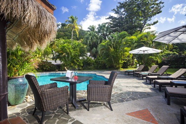 Outdoor pool, pool umbrellas, pool loungers