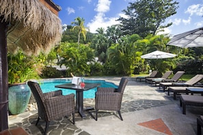 Outdoor pool, pool umbrellas, pool loungers