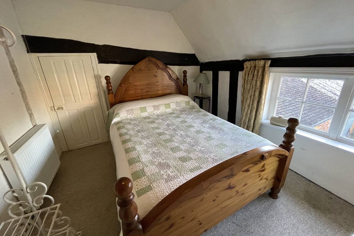A bedroom with a wooden bed, a window with a view, a radiator, and a door.